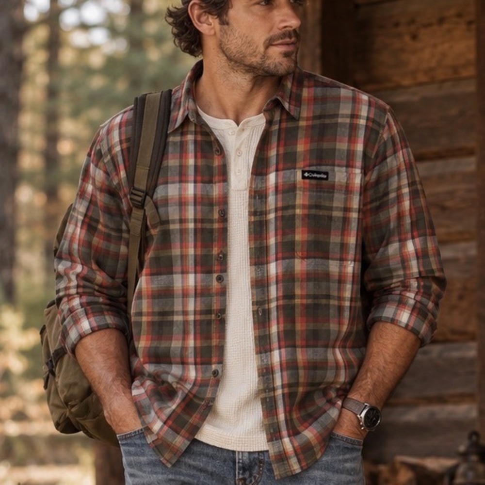 Columbia Men's Plaid Button Down Shirt Large Olive Red Stretch Cotton Outdoor